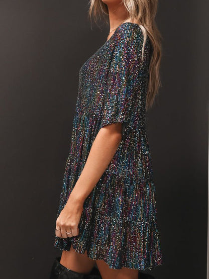 Full Size Sequin Round Neck Half Sleeve Mini Dress-SMALL-3XL (Many colors)