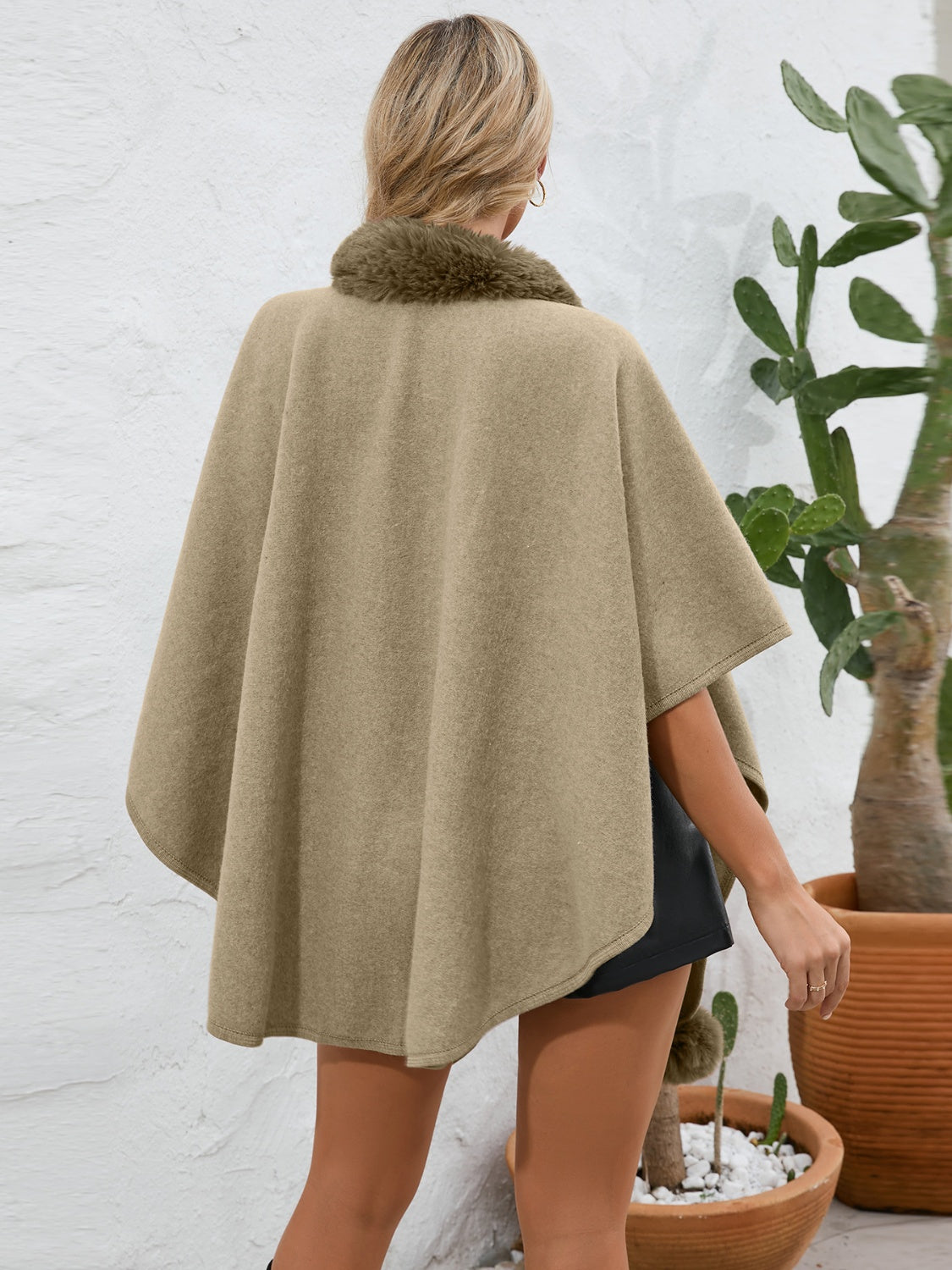 Fuzzy Trim Open Front Poncho (grey/black/green/cream/mocha/camel)