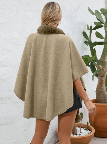 Fuzzy Trim Open Front Poncho (grey/black/green/cream/mocha/camel)