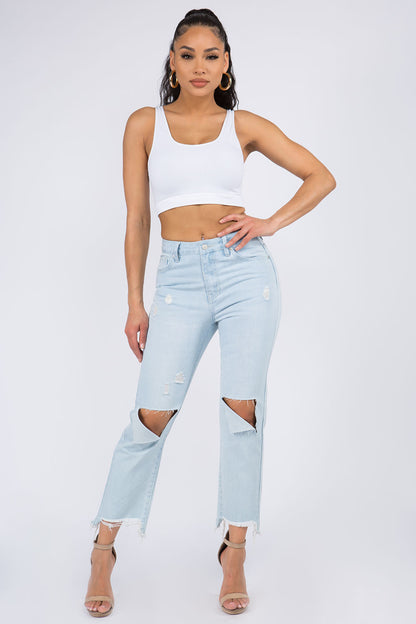 American Bazi High Waist Distressed Raw Hem Jeans-SIZE 1-13
