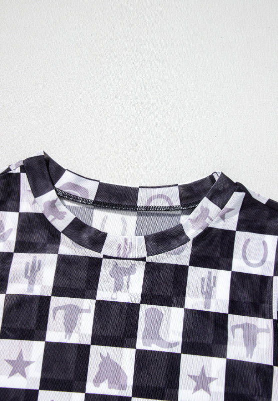 Checkered Mock Neck Long Sleeve Top-SMALL-XL