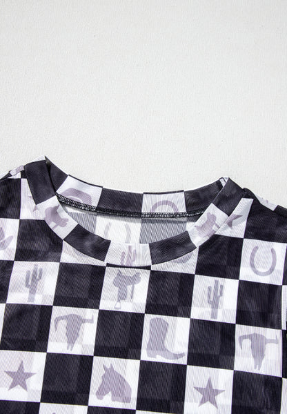 Checkered Mock Neck Long Sleeve Top-SMALL-XL