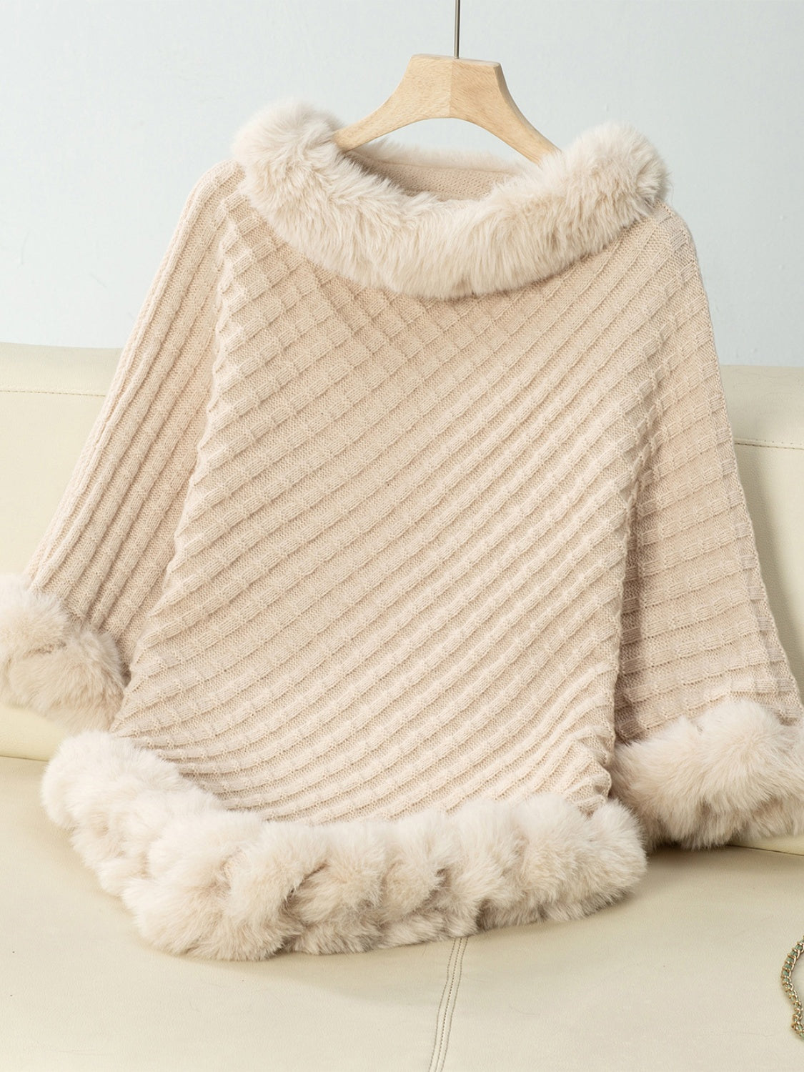 Fuzzy Trim Texture Three-Quarter Sleeve Poncho (beige/camel/grey/brown/black/burgundy)