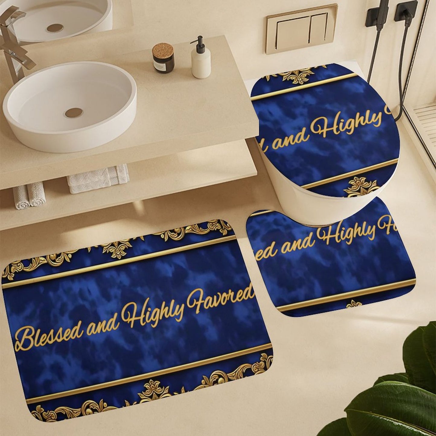 Shower Curtain Set with 3 Rugs