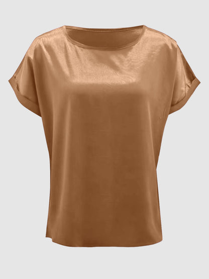 Satin Round Neck Short Sleeve Blouse (black/white/royal blue/lilac/pink/blue/burgundy/green)-SMALL-2XL