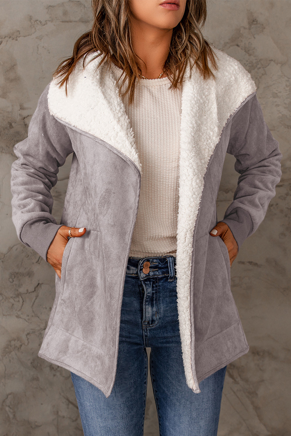 Open Front Long Sleeve Sherpa Jacket (caramel/blush pink/grey/black)-SMALL-XL