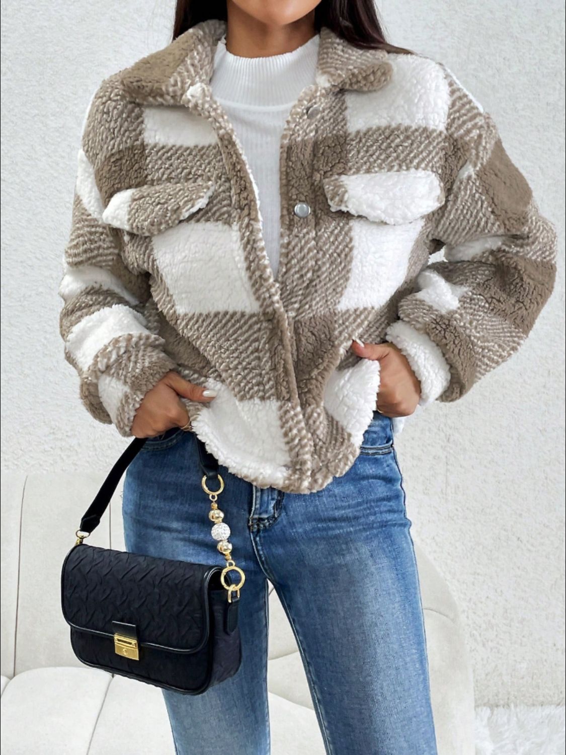 Decorative Pocket Flap Plaid Long Sleeve Jacket (black/mocha)-XS-XL