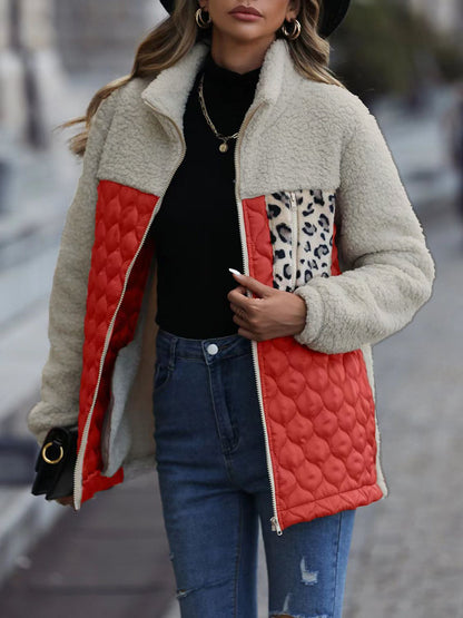 Leopard Color Block Zip-Up Jacket (caramel/green/burgundy/black/gray/orange-red-SMALL-XL
