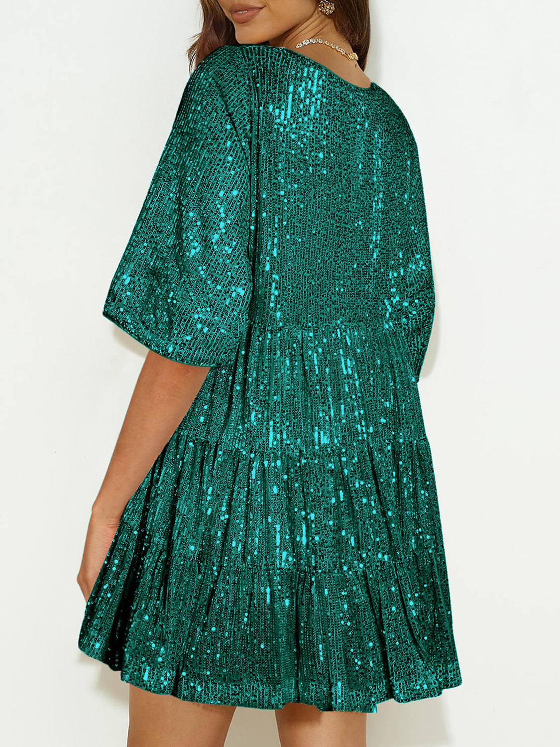 Full Size Sequin Round Neck Half Sleeve Mini Dress-SMALL-3XL (Many colors)