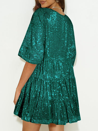 Full Size Sequin Round Neck Half Sleeve Mini Dress-SMALL-3XL (Many colors)