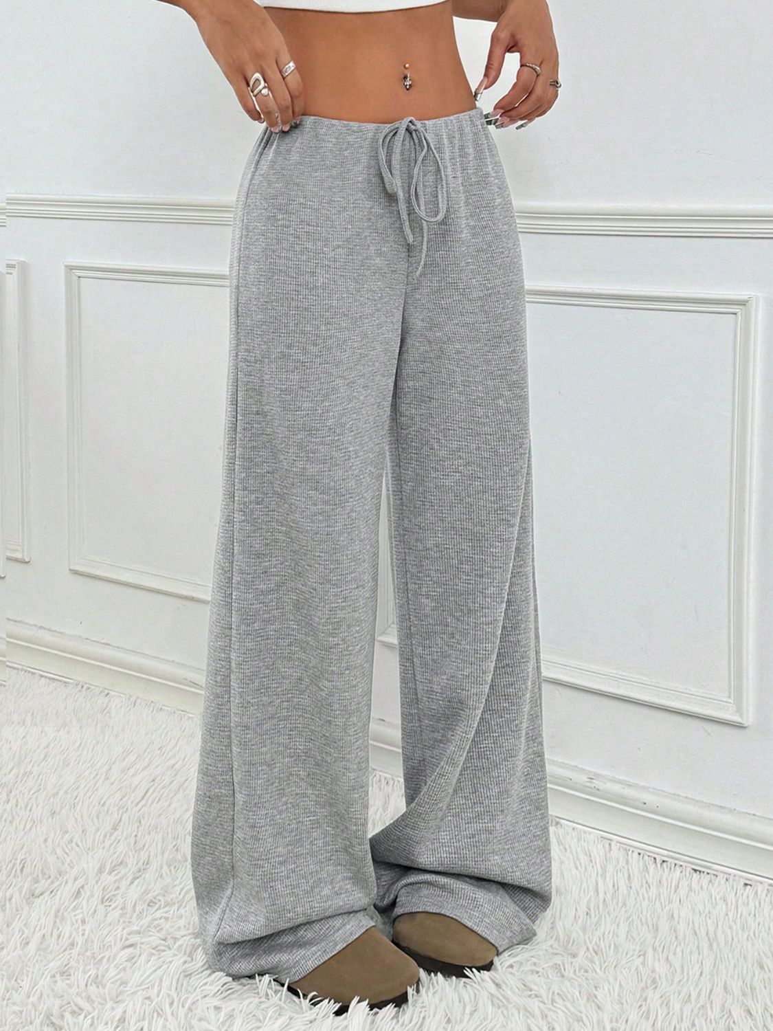 Tied Striped Wide Leg Pants (pink/grey/black/blue/taupe)-SMALL-2XL