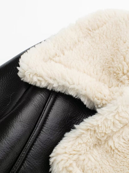 Collared Neck Long Sleeve Plush Cropped Leather Jacket (chocolate & white/black & white/mustard & white/black & reddish brown/brown & reddish brown/coffee brown/burgundy)-SMALL-LARGE
