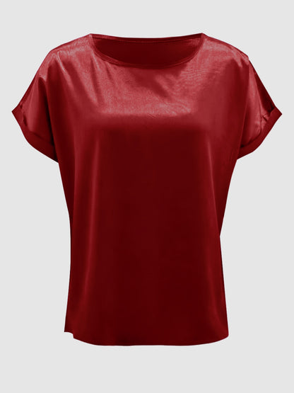 Satin Round Neck Short Sleeve Blouse (black/white/royal blue/lilac/pink/blue/burgundy/green)-SMALL-2XL