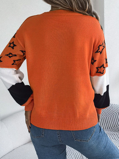 Star Contrast Round Neck Sweater-SMALL-XL