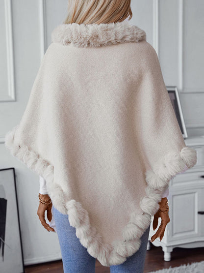 Fuzzy Trim Texture Three-Quarter Sleeve Poncho (beige/camel/grey/brown/black/burgundy)