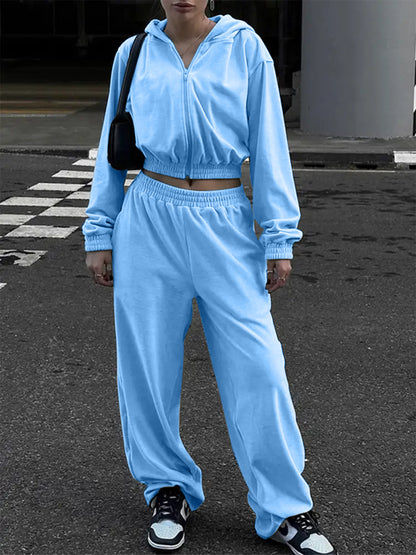 Zip Up Hoodie and Pocketed Pants Set (grey/pink/apricot/black/blue)-SMALL-XL