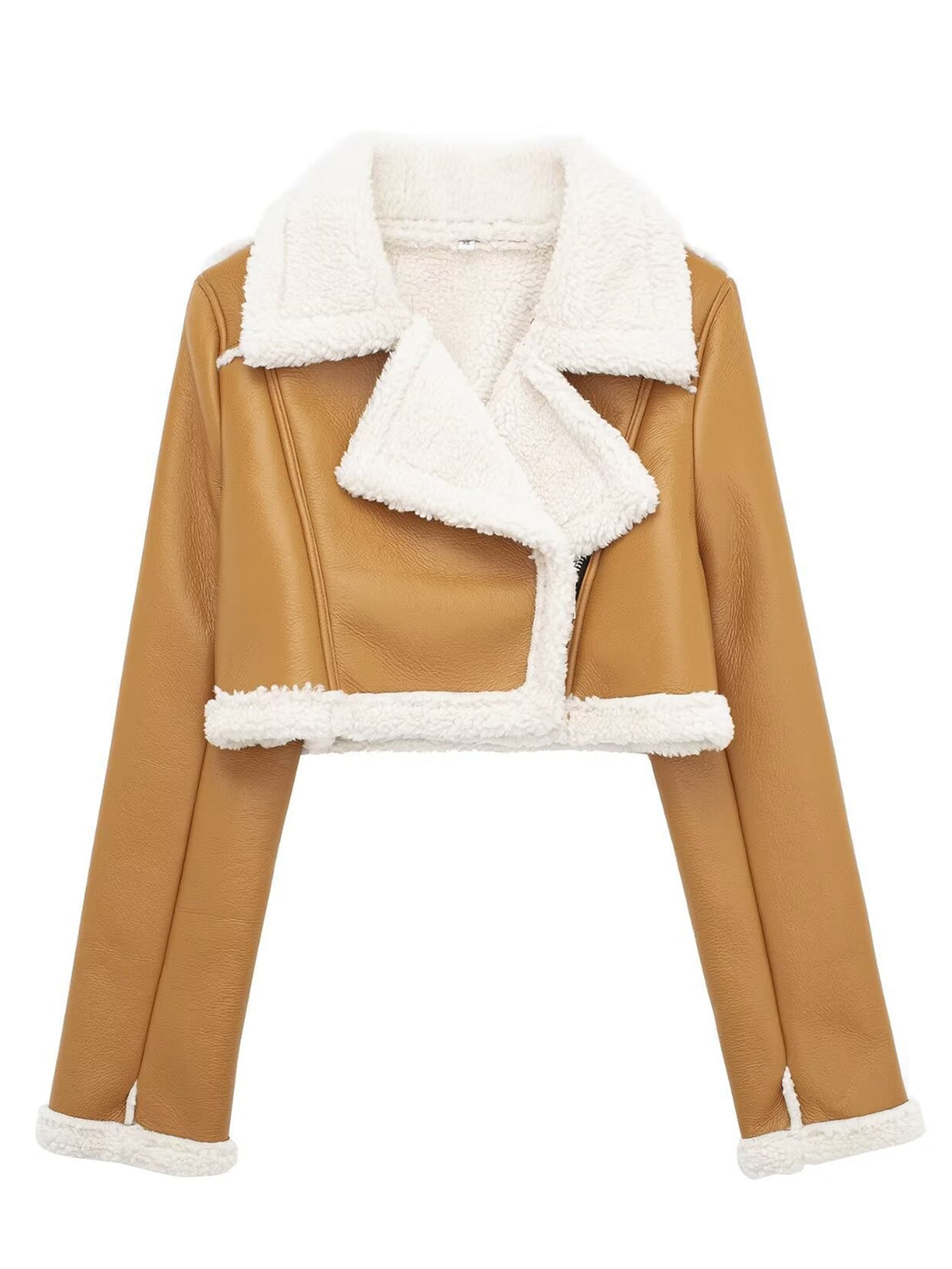 Collared Neck Long Sleeve Plush Cropped Leather Jacket (chocolate & white/black & white/mustard & white/black & reddish brown/brown & reddish brown/coffee brown/burgundy)-SMALL-LARGE