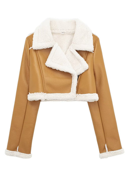 Collared Neck Long Sleeve Plush Cropped Leather Jacket (chocolate & white/black & white/mustard & white/black & reddish brown/brown & reddish brown/coffee brown/burgundy)-SMALL-LARGE