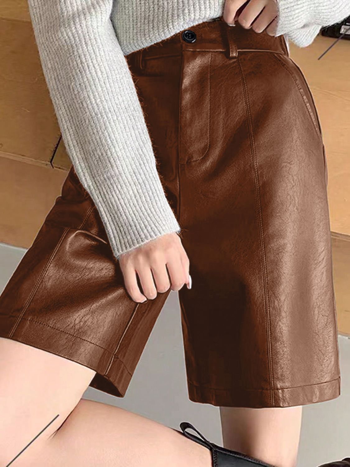 PU Leather High Rise Shorts (black/brown/burgundy)-SMALL-XL