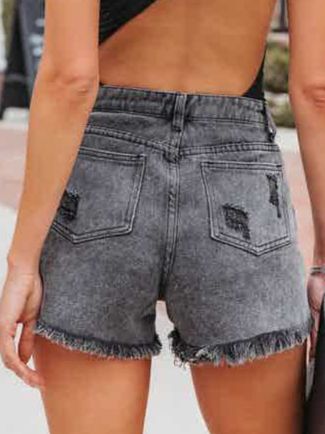 Distressed Fringe Denim Shorts with Pockets-SMALL-2XL