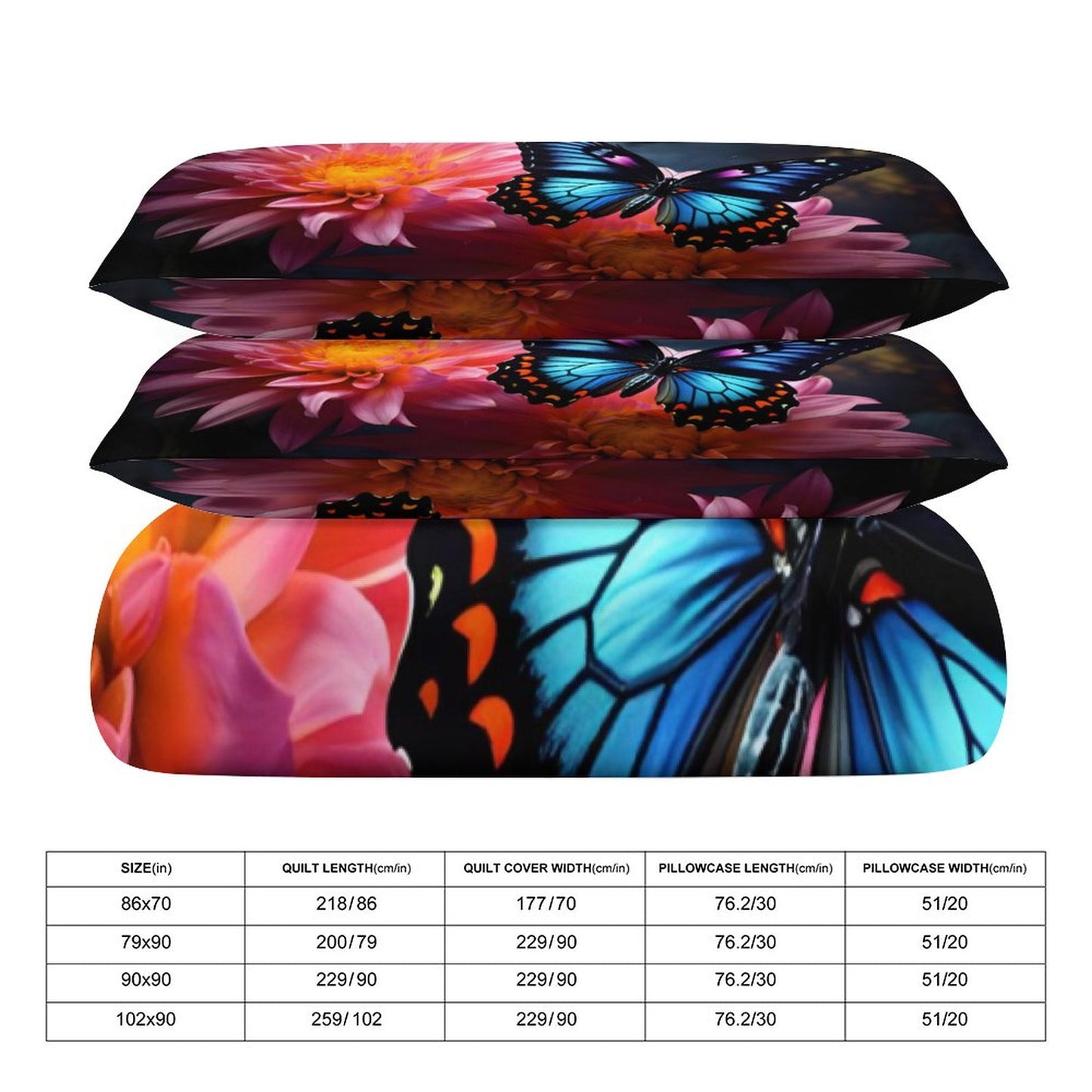 BLUE BUTERFLY 3-Piece Bedding Set-90"x90"/ 229x229cm QUEEN SIZE (Dual-sided Printing)