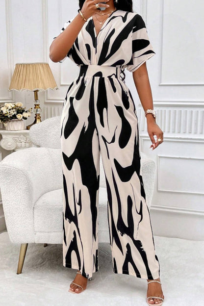 Printed V-Neck Short Sleeve Wide Leg Jumpsuit (black/orange/brown/green)-SMALL-2XL