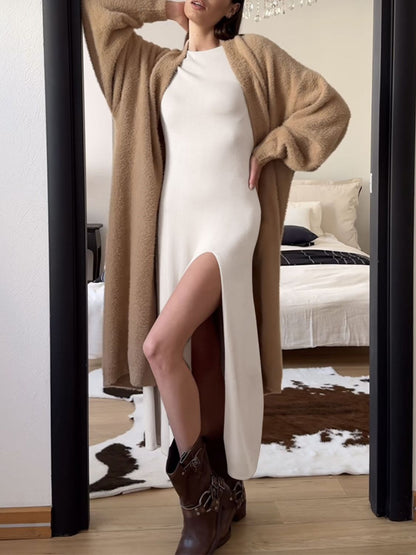 Side Slit Round Neck Long Sleeve Dress (white/black/tan)