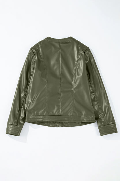 PU Leather Round Neck Long Sleeve Jacket (green/taupe/black)-SMALL-XL