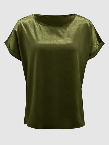 Satin Round Neck Short Sleeve Blouse (black/white/royal blue/lilac/pink/blue/burgundy/green)-SMALL-2XL