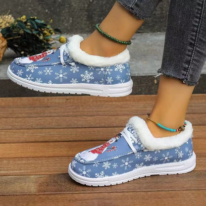 Snowman Print Round Toe Slip-On Loafers (khaki/light blue)