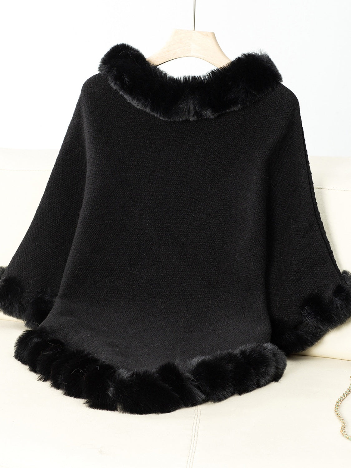 Fuzzy Trim Texture Three-Quarter Sleeve Poncho (beige/camel/grey/brown/black/burgundy)