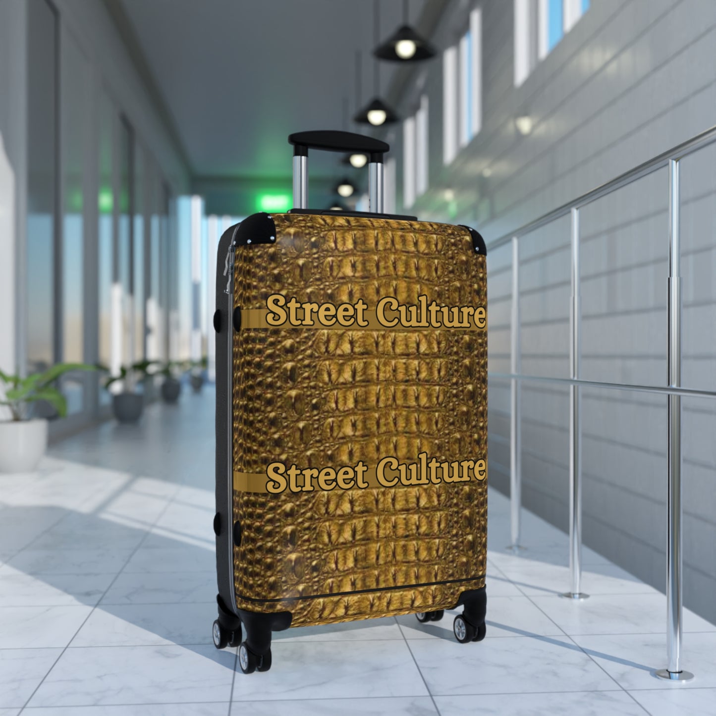 STREET CULTURE GOLD ALLIGATOR Print Suitcase (with lock/4 double swivel wheels/inner pockets)-SMALL/MEDIUM/LARGE