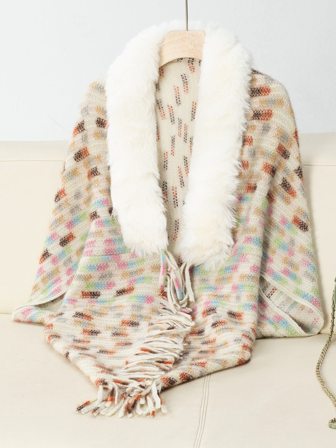 Fringe Fuzzy Open Front Poncho (cream/pink/brown/blue/khaki) ONE SIZE