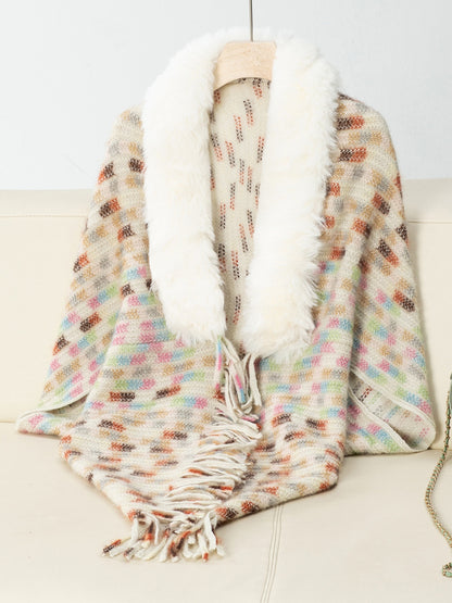 Fringe Fuzzy Open Front Poncho (cream/pink/brown/blue/khaki) ONE SIZE