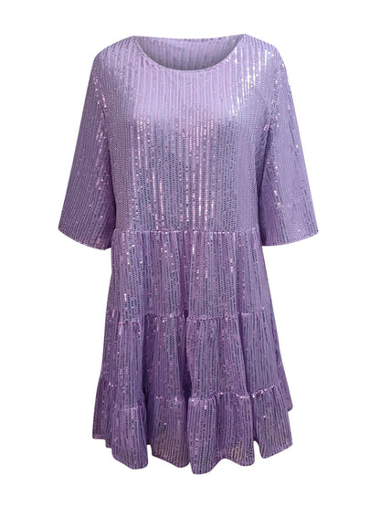 Full Size Sequin Round Neck Half Sleeve Mini Dress-SMALL-3XL (Many colors)