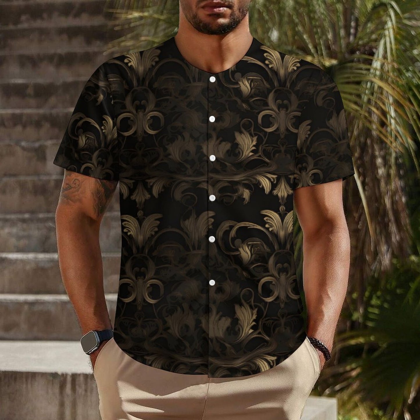 BLACK & GOLD ACCENT COLLARLESS Shirt-*XS-4XL