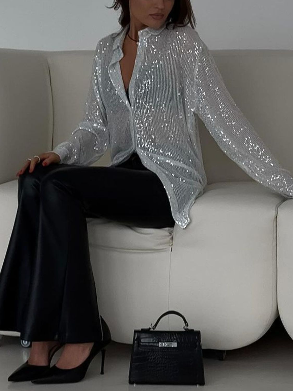 Sequin Button Up Long Sleeve Shirt (black/white/cream)-SMALL-2XL