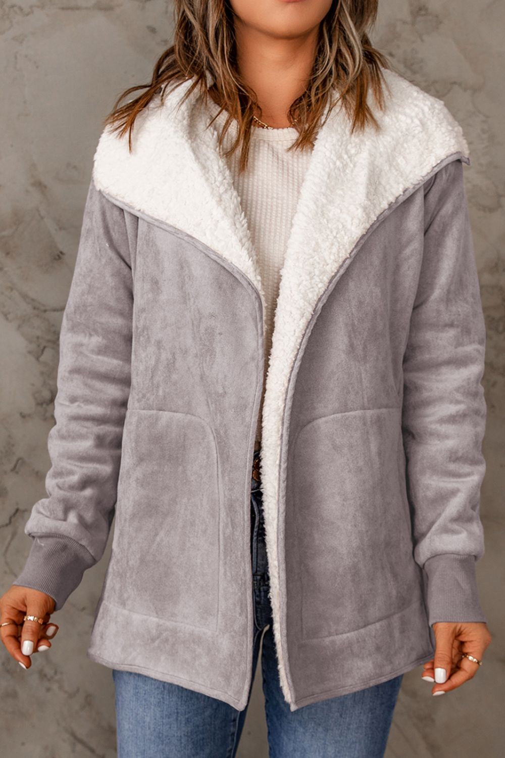 Open Front Long Sleeve Sherpa Jacket (caramel/blush pink/grey/black)-SMALL-XL