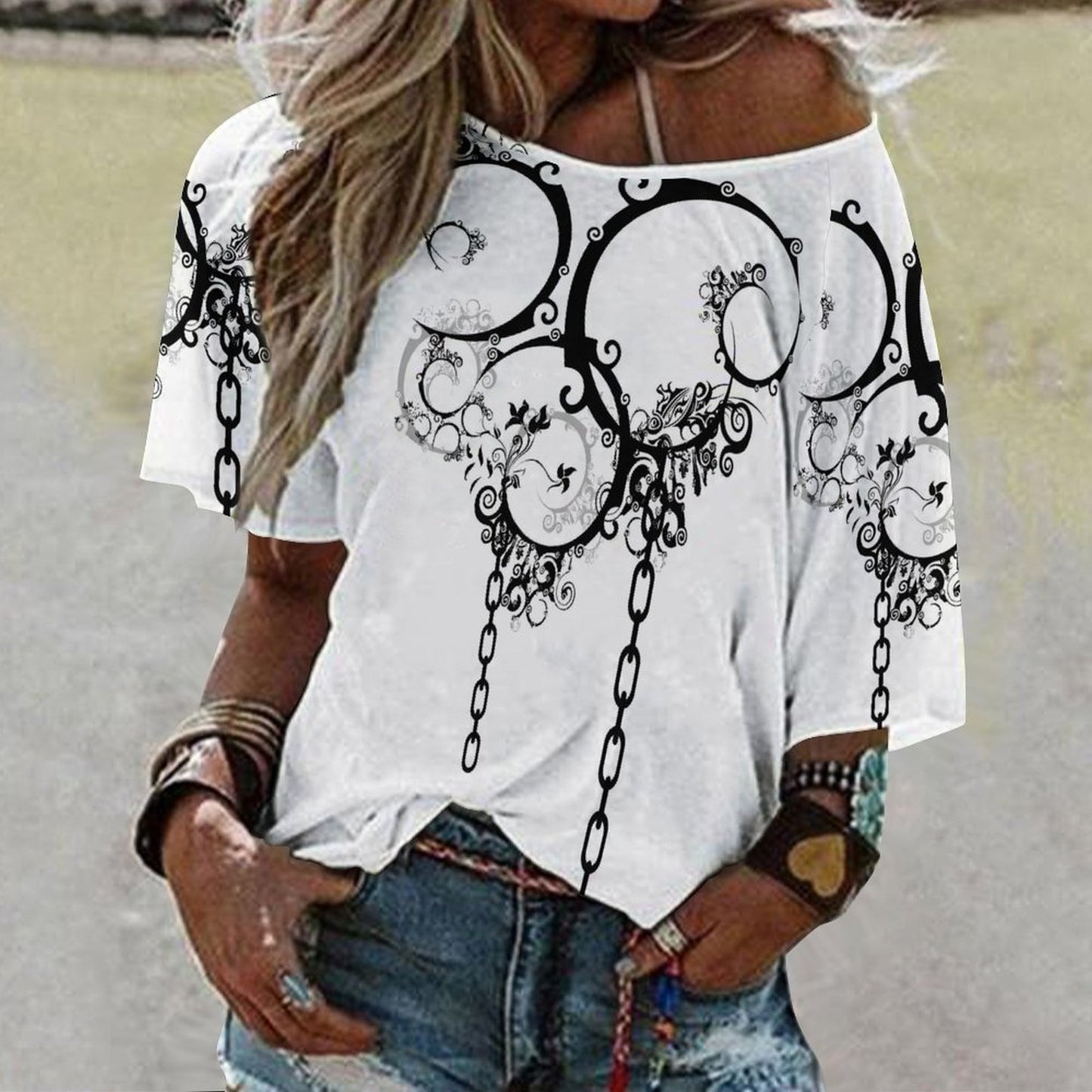 180gsm Women’s Off the Shoulder Half-Sleeve T-shirt BAT (All-Over Printing)