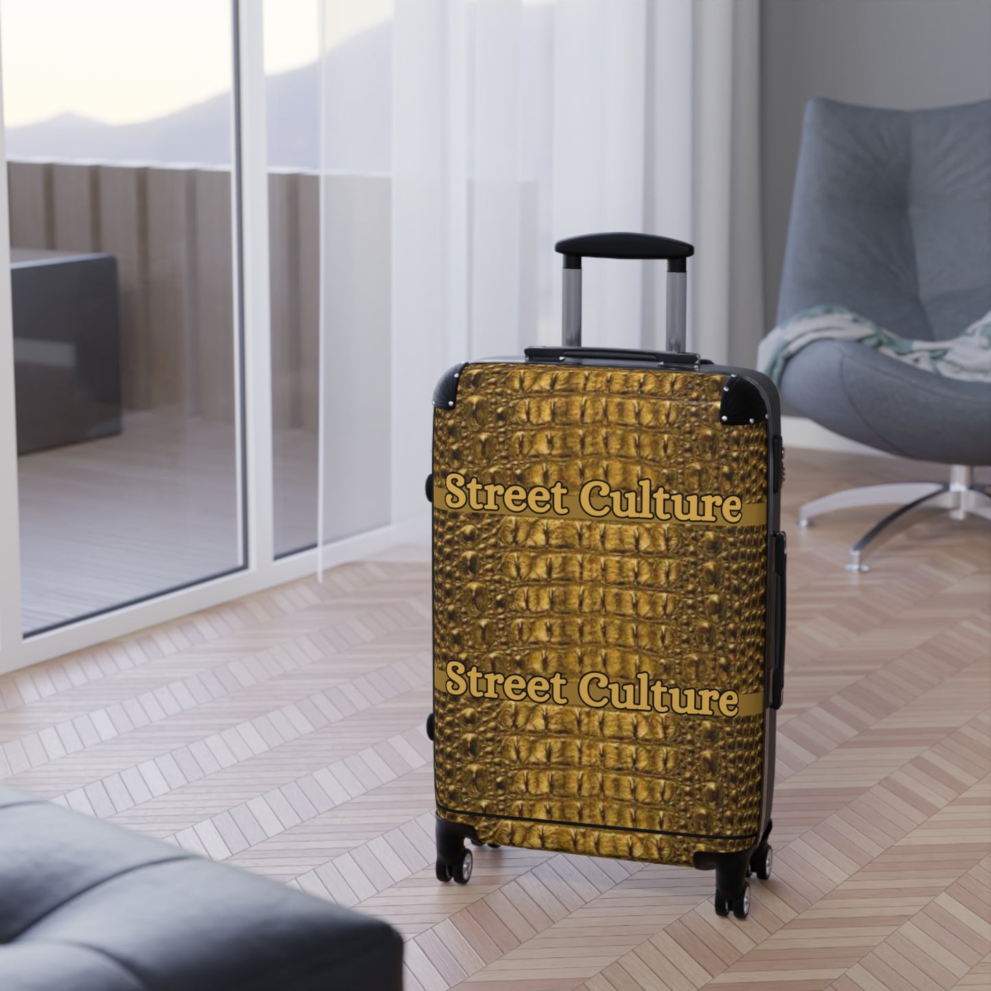 STREET CULTURE GOLD ALLIGATOR Print Suitcase (with lock/4 double swivel wheels/inner pockets)-SMALL/MEDIUM/LARGE