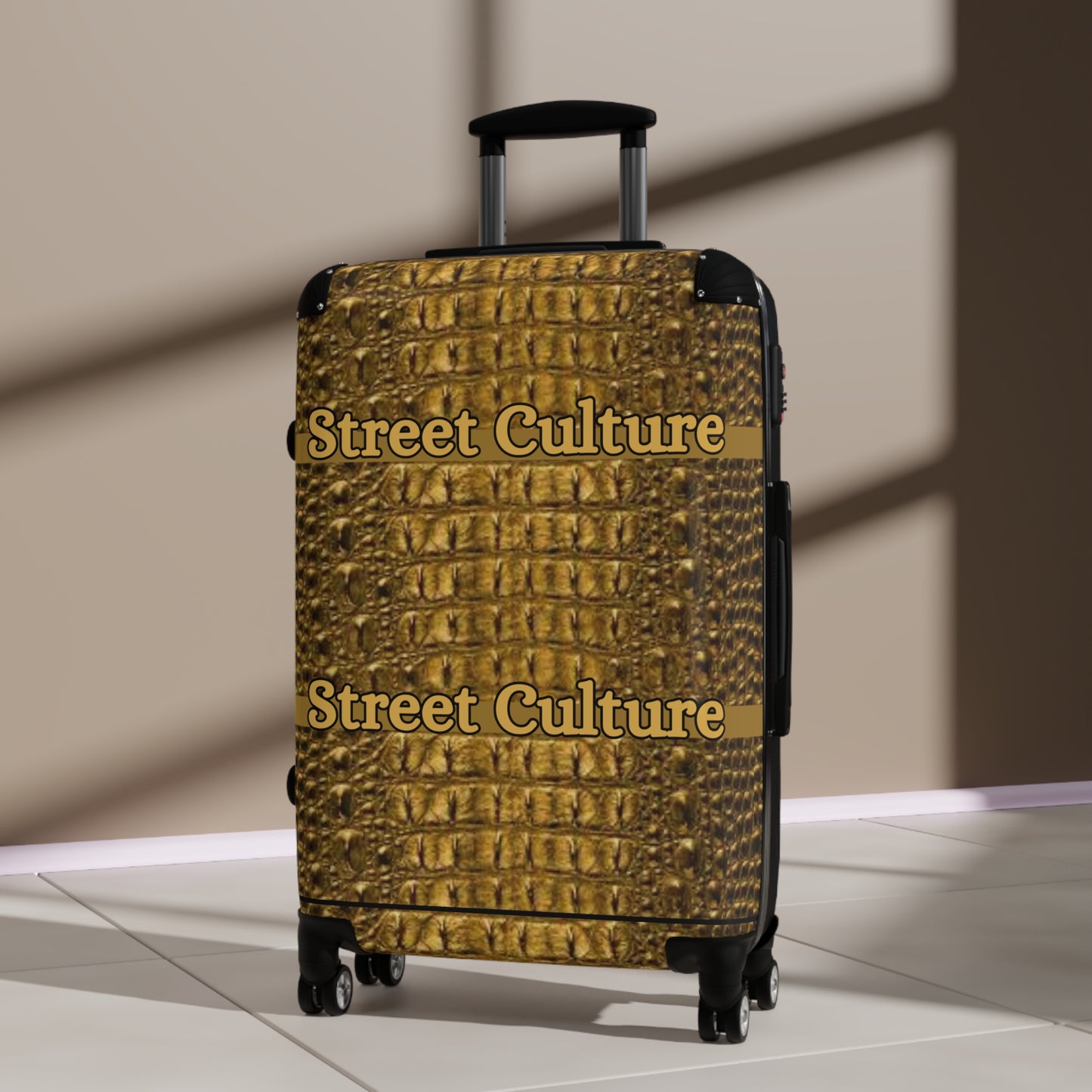 STREET CULTURE GOLD ALLIGATOR Print Suitcase (with lock/4 double swivel wheels/inner pockets)-SMALL/MEDIUM/LARGE