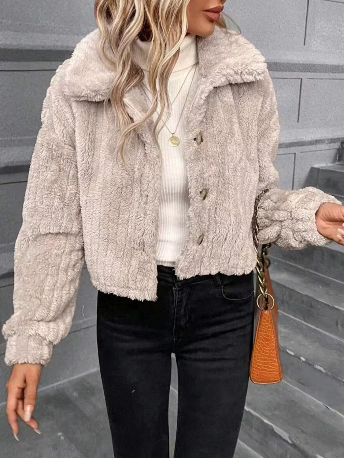 Button Up Long Sleeve Fuzzy Jacket -SMALL-XL