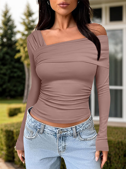 Ruched One Shoulder Long Sleeve Shirt (tan/grey/chocolate/pink/mocha/white/black)-S-XL