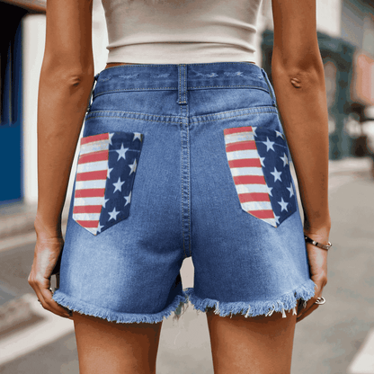 US Flag Distressed Denim Shorts-SMALL-2XL