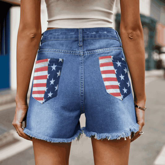 US Flag Distressed Denim Shorts-SMALL-2XL