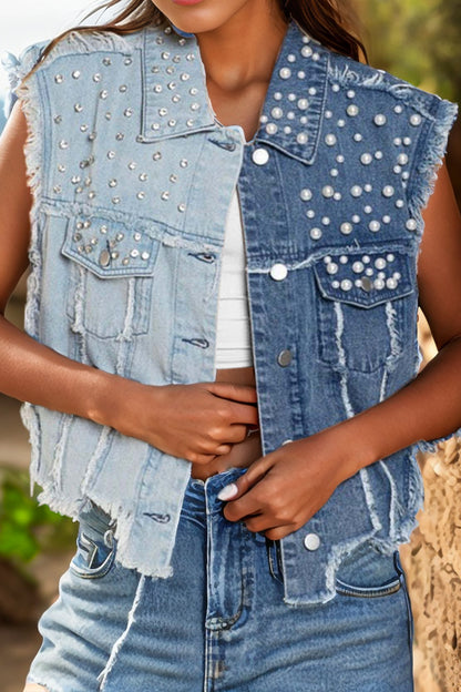 Pearl Raw Hem Sleeveless Denim Jacket-small-XL