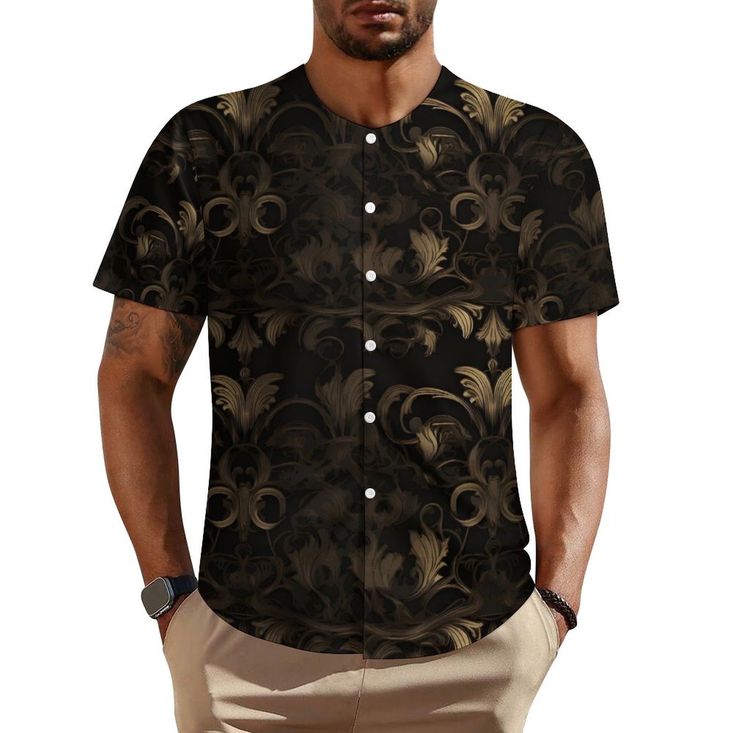 BLACK & GOLD ACCENT COLLARLESS Shirt-*XS-4XL