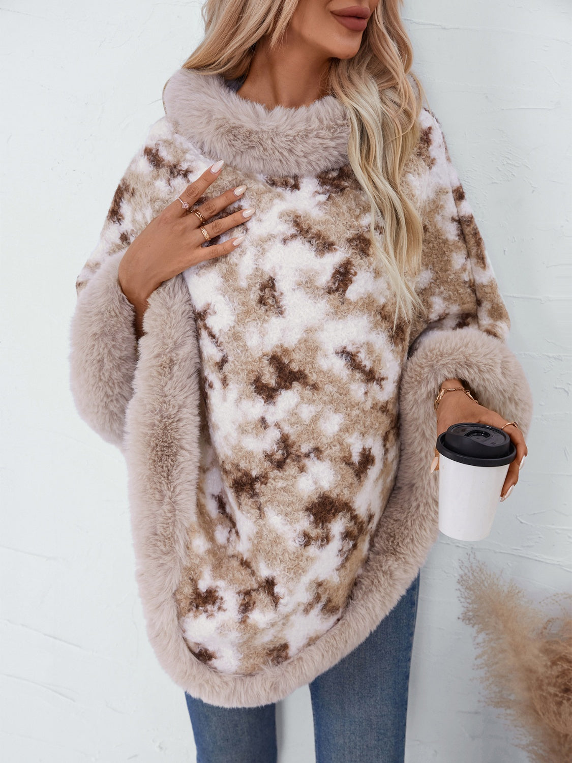 Furry Contrast Three-Quarter Poncho (many colors)