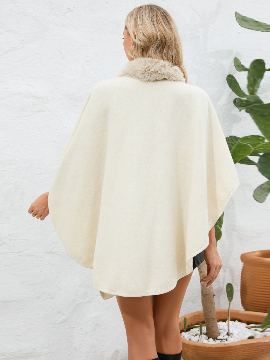 Fuzzy Trim Open Front Poncho (grey/black/green/cream/mocha/camel)