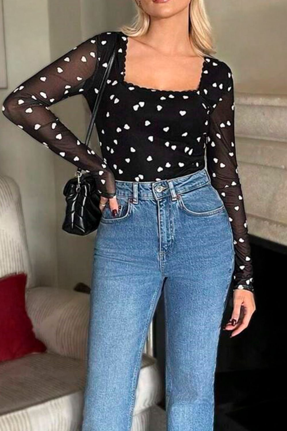 Heart Square Neck Long Sleeve Bodysuit-S-XL